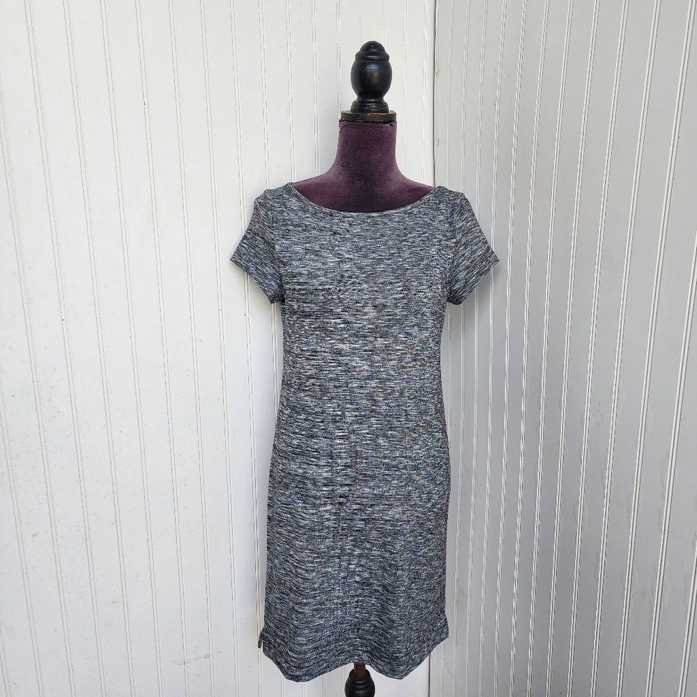 Ann Taylor Loft Gray Knit Short Sleeve Shift Dress Scoop Neck Stretch Sz S